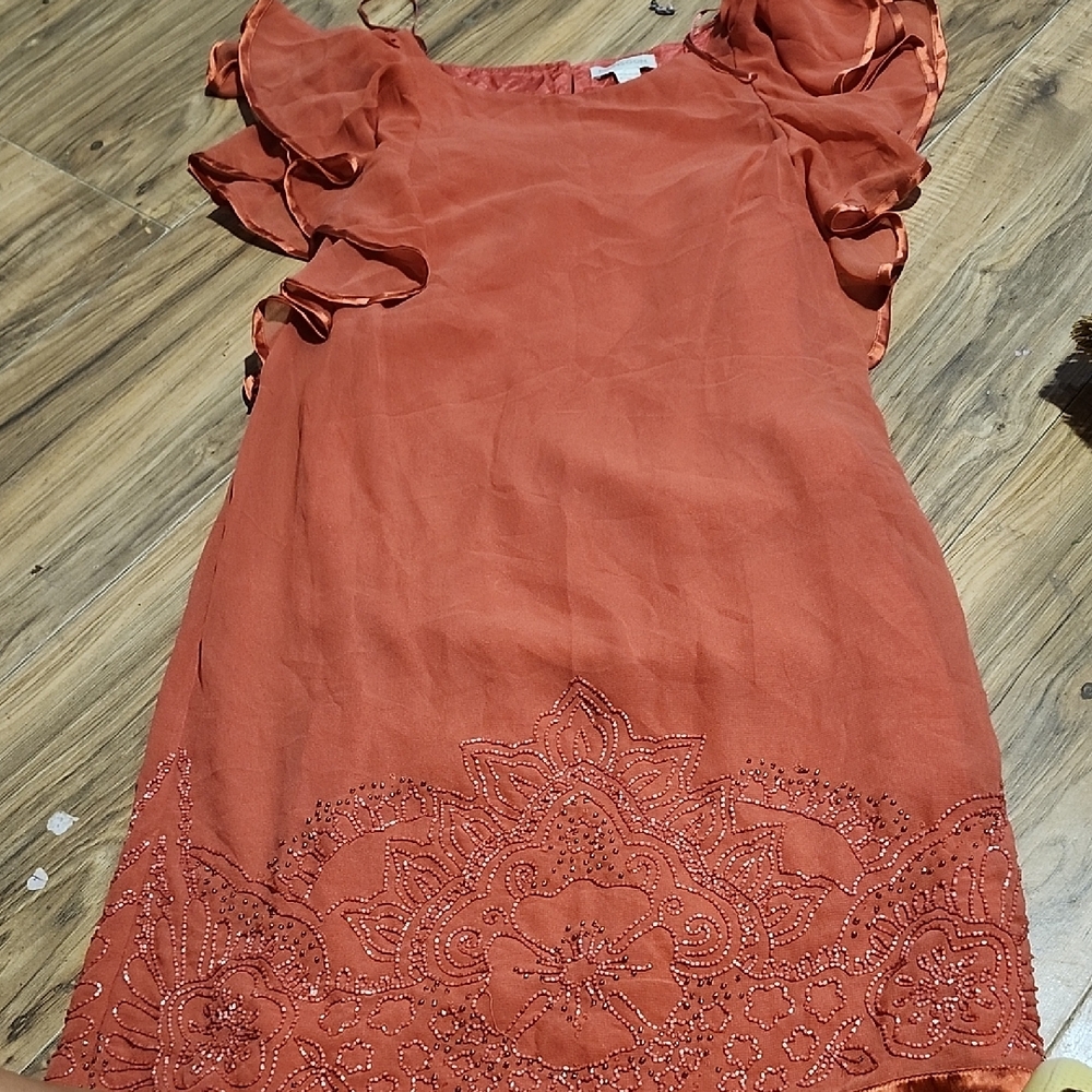 Monsoon Terracotta Dress with Ruffle Sleeves
